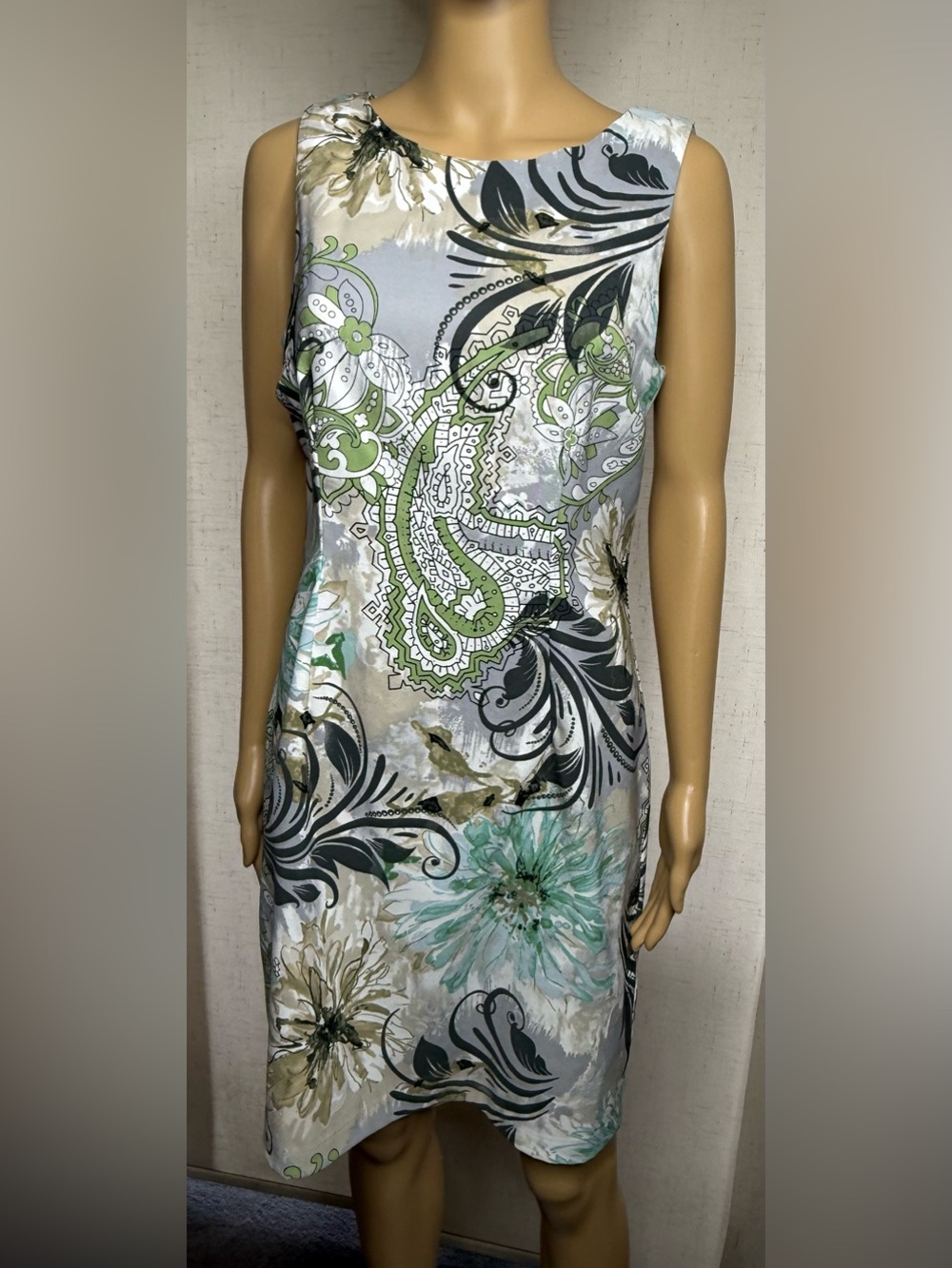 Connected Apparel teal, green & grays. Floral, paisley pattern midi dress. Sz.8